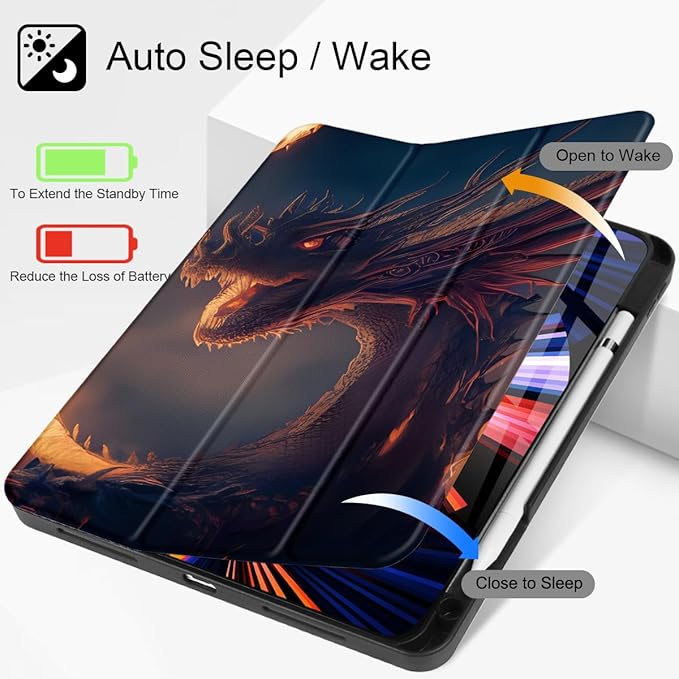 Tuiklo for iPad Pro 12.9 inch 6th / 5th / 4th / 3rd Generation 2022 2021 2020 2018 Release Case- Built in Pencil Holder Slim Protective Cover with Auto Wake/Sleep, Fire Dragon