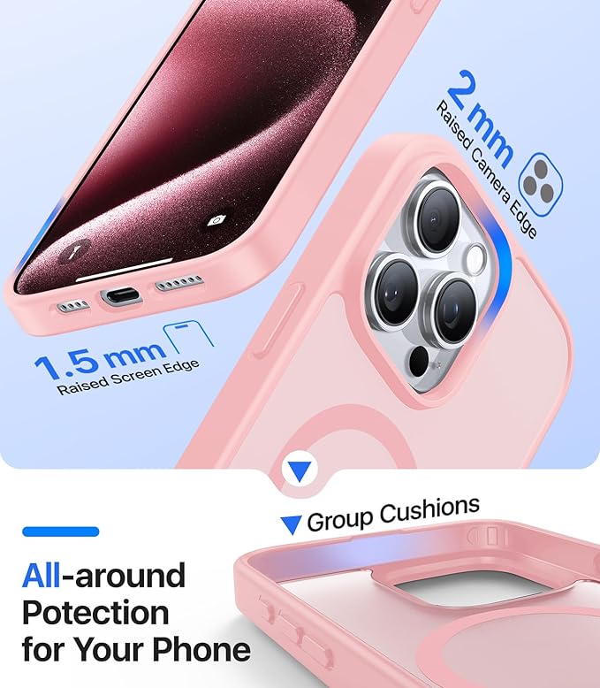 Magnetic for iPhone 15 Pro Max Case[Compatible with MagSafe][Military-Grade Drop Protection][Anti-Yellowing]Shockproof Protective Translucent Matte Cover for iPhone 15 Pro Max Phone Case,Pink