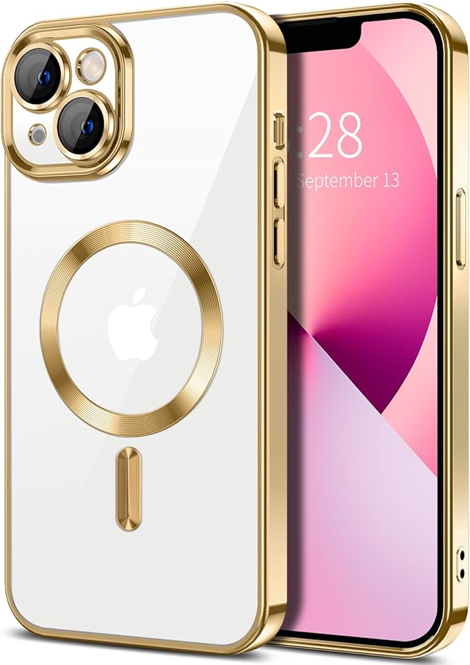 Hython Magnetic Clear for iPhone 13 Case with Camera Lens Protector [Compatible with MagSafe] Luxury Plating Edge Slim Soft TPU Cover Protective Phone Case for iPhone 13 6.1", Gold