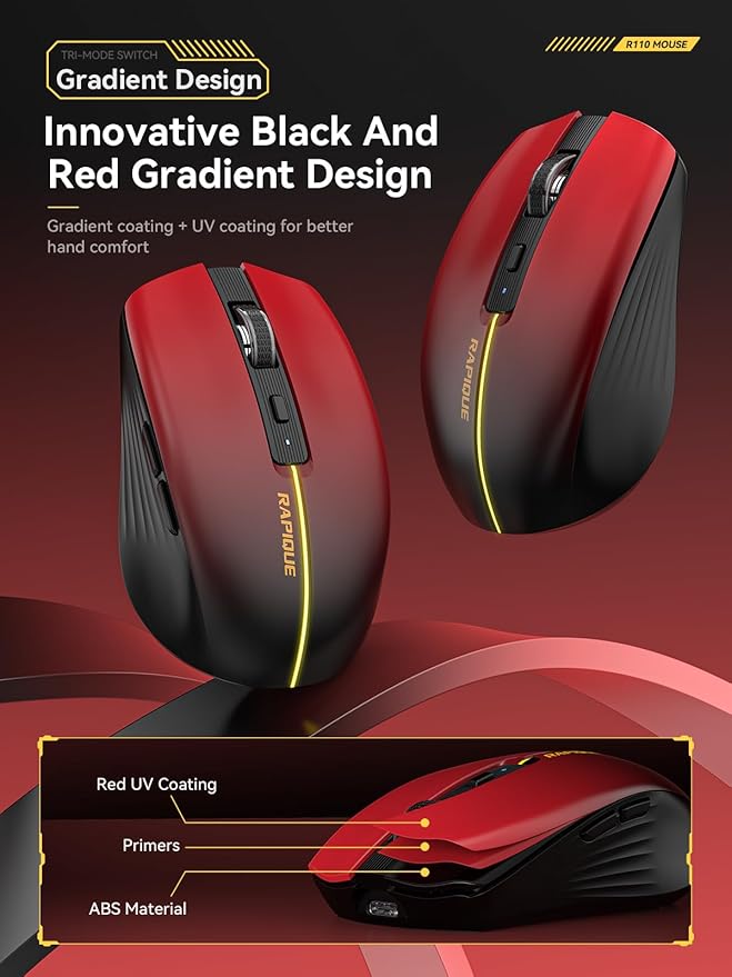 RAPIQUE Bluetooth Wireless Mouse - (BT1/BT2+USB) Tri-Mode High Performance, Rechargeable, Multi-Device Compatible with PC/Laptop/Computer/MacBook/iPad Air Pro (Red Gradient)