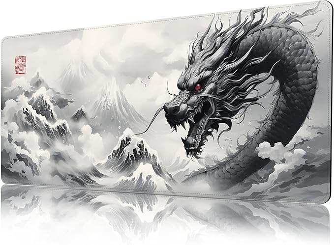 ProbTis Black and White Dragon Mouse Pad, Large Japanese Desk Mat, XXL Anime Gaming Keyboard Mat, Oriental Decor, Big Extended Desk Protector for Home Office, 35.4"x15.7" (Dragon BW)