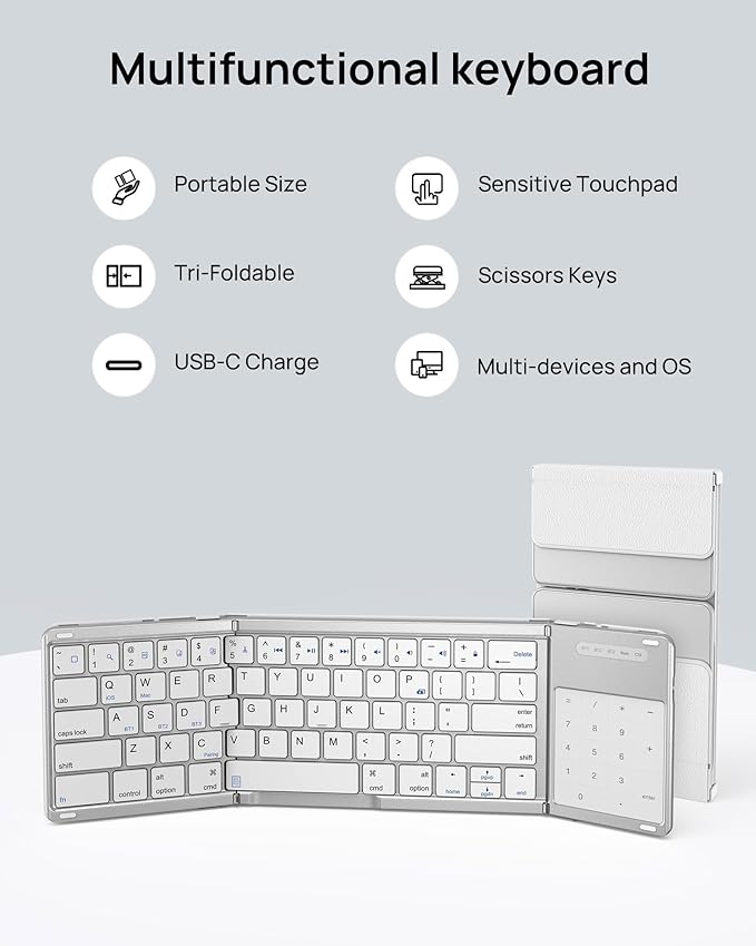 SODI Foldable Keyboard with Touchpad, Portable Wireless Keyboard for Mac with Stand Holder and PU Leather Cover, Rechargeable Pocket Folding Key Board for iPad, iPhone, Mac iOS Tablets & Laptop