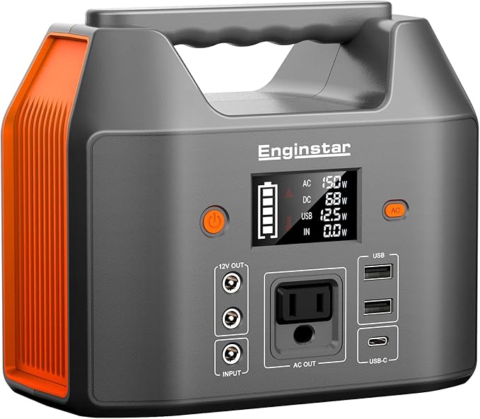 EnginStar Portable Power Station 150W 155Wh Solar Generator 110V 42000mAh Portable Power Bank w/AC Outlet, 6 Outputs External Battery Backup LED Light for Outdoor Camping