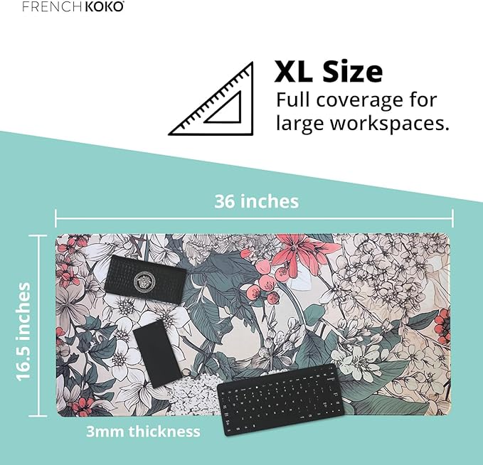 French KOKO Large Desk Mat 36" x 16.5" – Botanical Floral Mouse Pad for Keyboard & Mouse – Non-Slip Waterproof Desk Protector Aesthetic Office Pad for Women