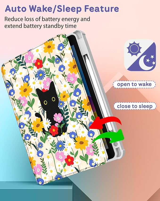 Uppuppy for iPad A16 Case for iPad 10th Generation Case 10.9 inch - 360 Degree Rotating Stand Folio Smart Cover with Pencil Holder for Women Girls, Cat & Flowers for Apple Tablet 10th 2022/11th 2025