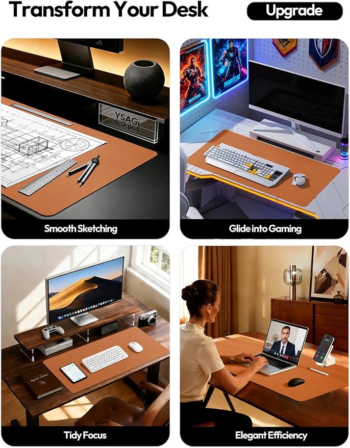 YSAGi Leather Desk Pad Protector, Office Desk Mat, Large Mouse Pad, Non-Slip PU Leather Desk Blotter, Laptop Desk Pad, Waterproof Desk Writing Pad for Office and Home (Brown, 31.5" x 15.8")