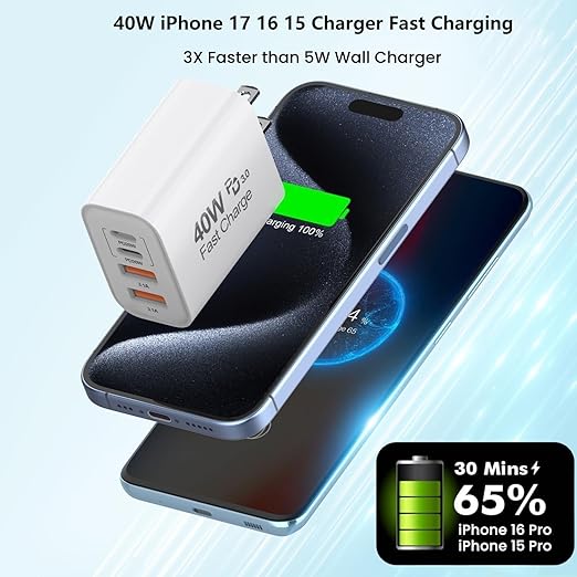 [Apple MFi Certified]40W iPhone 17/16/15 Fast Charger,PD 40W Type C Apple Charger 4 Port Wall Plug with 6FT USB C-C Fast Charging Woven Cord for iPhone 17/17 Pro/16/16e/16 Pro Max/15/iPad Pro/Air/Mini