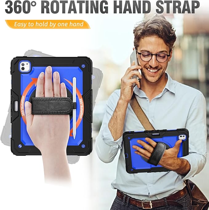 HXCASEAC for iPad Pro 13 Inch Case (M5/M4) 2025/2024, Shockproof Design with Pencil Holder, Protector, Rotating Stand, Hand Strap, Heavy Duty Protective iPad Pro13 Cover A3360 A3361 A2925 A2926, Blue