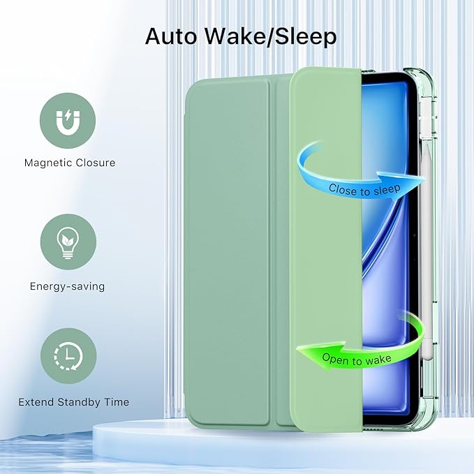 MoKo for iPad Air 11 inch Case (M4/M3/M2) 2026/2025/2024, iPad Air 5th/4th Gen 10.9 inch Case 2022/2020 with Pencil Holder, Slim Light Trifold Cover with Hard PC Translucent Back Shell, Agave Green