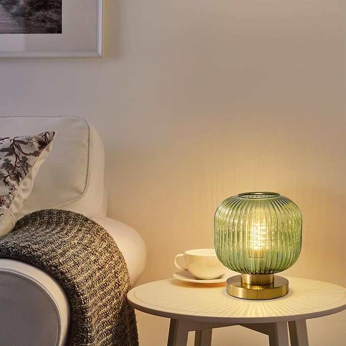 Mid Century Green Table Lamp: Vintage Ribbed Globe Pumpkin Glass Dimmable Plug in Small Bedside Lamps - Cute Brass Gold Modern Side Table Lamp Nightstand Light for Bedroom Entryway Desk Living Room