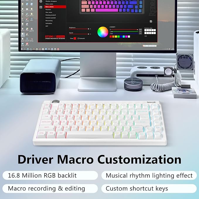 Redragon Wireless Mechanical Keyboard Creamy, Bluetooth/2.4GHz/USB-C Wired, 75% Hot Swappable Custom Gaming Keyboard with Knob, RGB Backlit, Pre-lubed Linear Switches, PBT Keycaps, White
