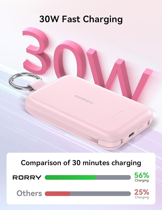 RORRY CharmGo Portable Charger, 10000mAh PD 30W Fast Charging Portable Charger Power Bank with Built-in Cables, Travel Keychain Charger Battery Pack for iPhone 17/16/15, for AirPods 2/3/4/Pro, Black