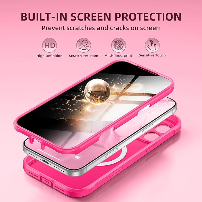 BERFY for iPhone 17 Pro Max Case, Compatible with MagSafe, Built-in Privacy Screen Protector, Camera Protection, Shockproof Full Body Phone Case 6.9", Translucent Hot Pink