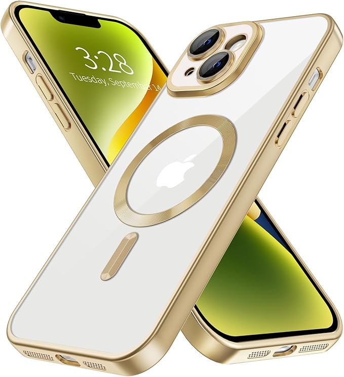 Hython Magnetic Clear for iPhone 14 Case with Camera Lens Protector [Compatible with MagSafe] Luxury Plating Edge Slim Soft TPU Cover Protective Phone Case for iPhone 14 6.1", Matte Gold