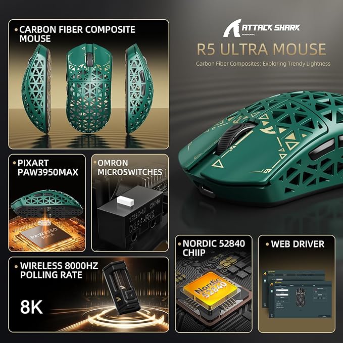 ATTACK SHARK R5 Ultra Wireless Gaming Mouse,39g Superlight Carbon Fiber Hollowed-Out,PAW3950MAX Optical Sensor Nordic 52840 MCU 8K Polling 42K DPI,Tri-Mode Programmable Mice with Coiled Cable-Green