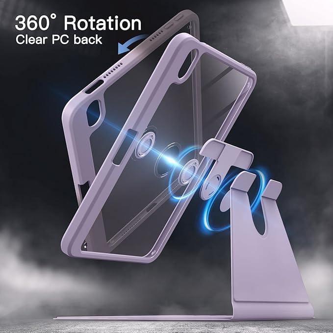 JETech Rotating Case for iPad mini (A17 Pro, 2024 Model, 7th Generation) / mini 6 (2021 Model, 6th Generation) with Pencil Holder, 360 Degree Rotation Protective Stand Cover Clear Back (Purple)