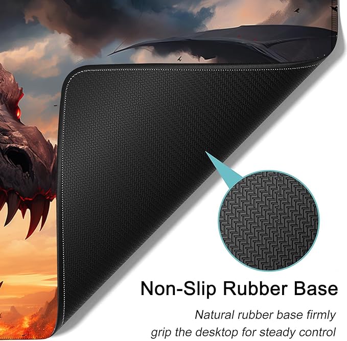 Large Mouse Pad, 31.5 x 11.8in Extended Gaming Mouse Pad with Stitched Edges, XXL Mousepad Protector Non Slip Rubber Base for Office and Home Writing Mat, Anime Fire Dragon Pattern Black Desk Mat