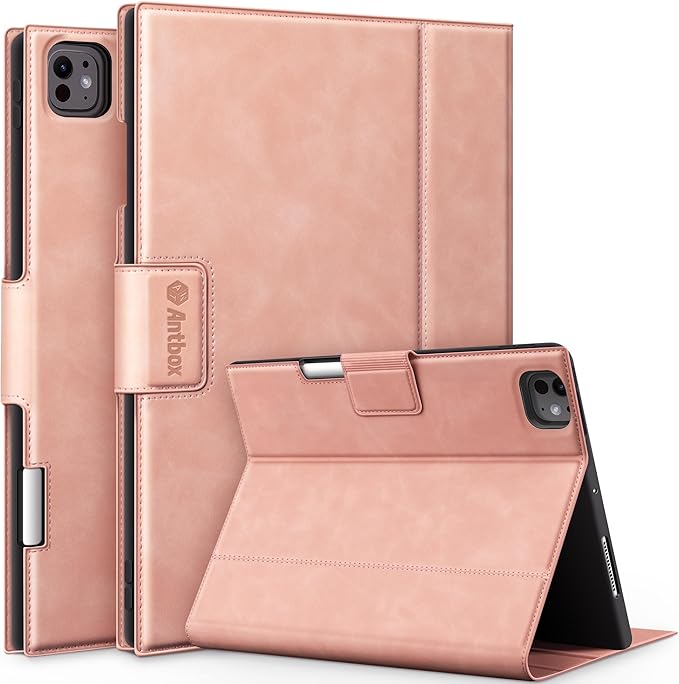 Antbox for iPad Pro 13 Inch Case M5 2025/M4 2024, Built-in Pencil Holder, Supports Pencil Pro/(USB-C), Auto Sleep/Wake Function PU Leather (Pink)