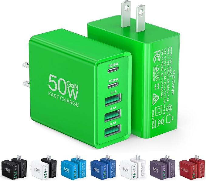 USB C Wall Charger, 50W USB C Charger Block 5-Port PD Fast Charging Blocks,USB A Multiport Plug Brick Cube,Dual Type C Power Adapter for iPhone 17/16/15/14/13/Pro,iPad,Samsung,for Switch（Green 2-Pack）