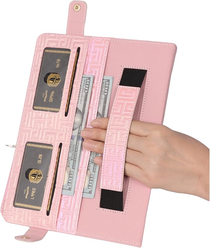 Shiny Case for iPad mini 7 2024/Mini 6th Gen Handbag Case, Techcircle Iridescent PU Leather Folio Envelope Pocket Stand Cover with Hand Strap+Shoulder Strap+Pencil Holder+Card Slots, Shiny Pink