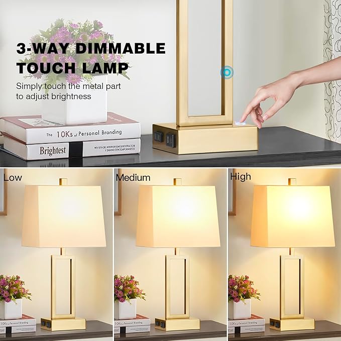 Rinweey 23.5" Touch Control Table Lamps Set of 2, Modern Gold Bedside Lamps with USB A+C Ports & AC Outlet, 3 Way Dimmable Contemporary Nightstand Lamps for Bedroom Living Room(2 LED Bulb Included)