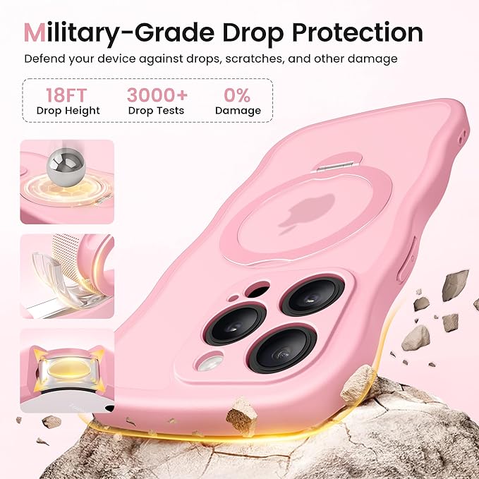 CAPRARO for iPhone 15 Pro Case with 360° Spin Magnetic Stand for Women, [Compatible with MagSafe] [Full Camera Protection] Cute Wave Translucent Matte Case for iPhone 15 Pro, Peach Pink