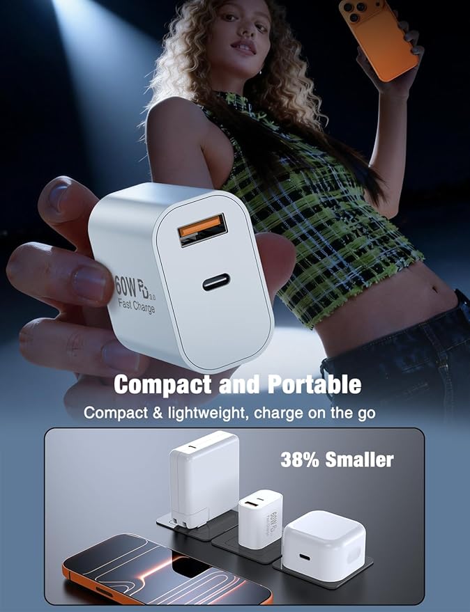 60W USB C Fast Charger for iPhone 17/16/15 Pro Max Charger,2-Pack PD 3.0 Dual Port Wall Charger Block with 6Ft+10Ft USB C Cable,Super Fast Charging for iPhone 17/16/15/Air Series,iPad Pro,White