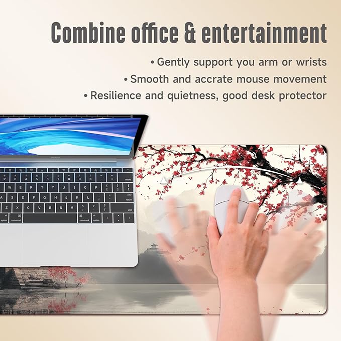 Extended Gaming Mouse Pad, Large Mouse Mat 3 mm Nature Rubber Base Mousepad with Stitched Edges, Non-Slip Desk Mat for Office Home Great Gift 31.5x11.8 Inch (Japanese Watercolor)