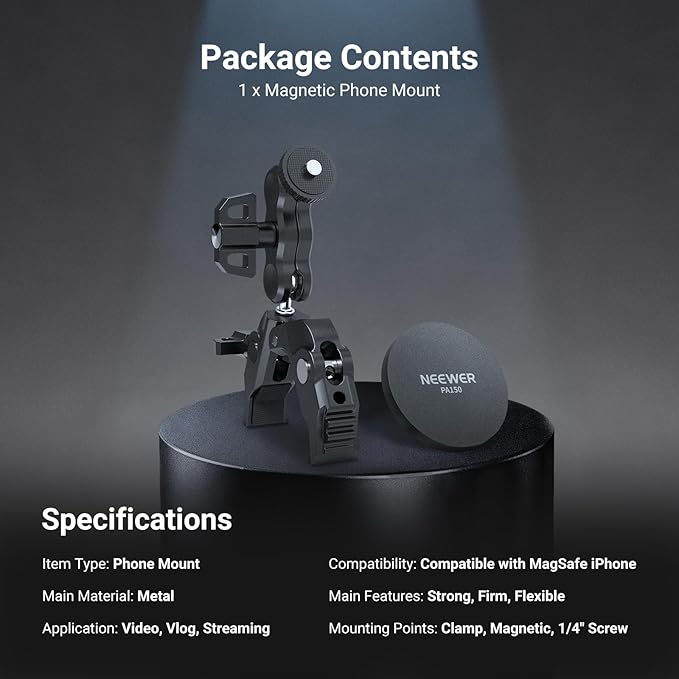 NEEWER Magnetic Mobile Phone Holder with Super Clamp, Adjustable Metal Holder with 1/4 Inch Screw and Ball Heads, Magic Arm Compatible with MagSafe iPhone for Pole, Tripod, Microphone Stand, Table