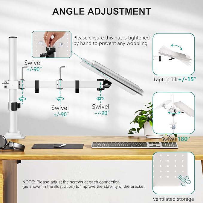 WALI Laptop Desk Mount for 17 inch Notebook, Adjustable Single Monitor Arm with Laptop Holder for 32 inch Screen, Laptops Stand with Ventilated Tray, Up to 22 lbs, (M00LP-W), White