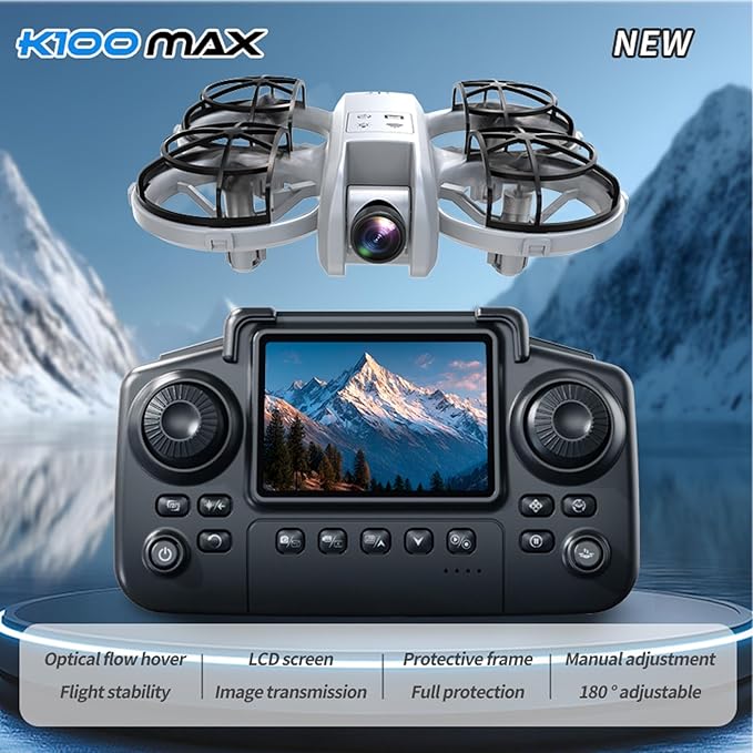 K100 Mini Drone with Screen Controller with SD Card, Two-batteries, Optical Flow Positioning, All-round Protection for Flight Paddles, Suitable for Beginner. (2 batteries - White)