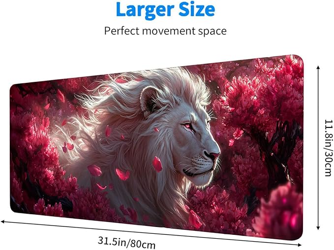 Wildlife Extended Mouse Pad Lion Pink Flower XL Mouse Pad Large Mousepad Extended Laptop Keyboard Mat Gaming Desk Pad Mouse Mat for Office Desktops, Home Workstations, and Laptops 31.5x11.8 Inch