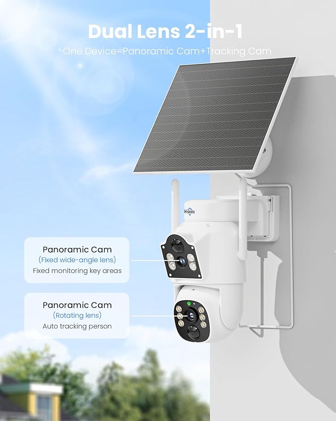 Hiseeu Wireless Solar Camera Outdoor 4MP Dual Lens, Wireless Home Security Camera 5G & 2.4G WiFi Pro, 360° PTZ, Motion Detection, Color Night Vision, IP66, 2-Way Audio, Auto Tracking, No Subscription