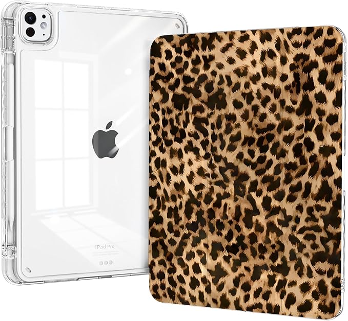 Clear Case for iPad Pro 11-inch M5 (2025), iPad Pro 11 M4 (2024) Case with Pencil Holder, Trifold Sturdy Stand, Transparent Shockproof Back Cover Protection, Brown Leopard