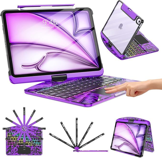 TSQQST Clear Wireless Keyboard Case for iPad Air 13 Inch (M4/M3/M2, 2025/2024/2026)/ iPad Pro 12.9" (6th/5th/4th/3rd Gen), 7-Color Backlit, Pencil Holder & Multi-Touch Trackpad, 360 Rotatable, Purple