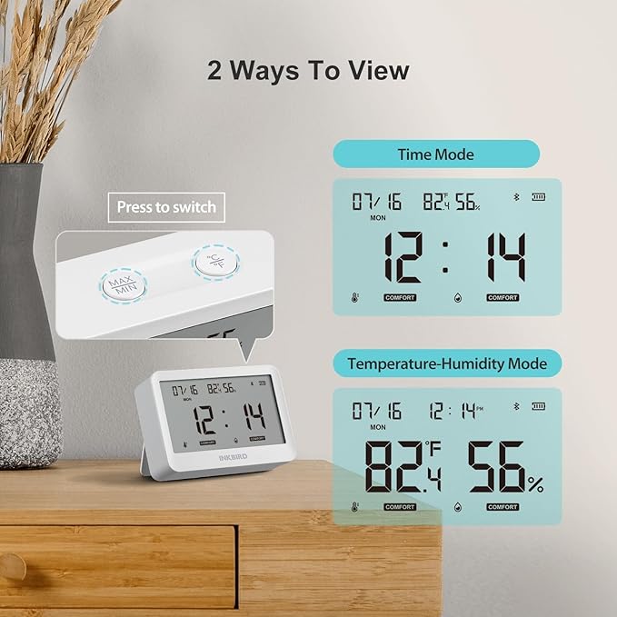 INKBIRD ITH-21-B Bluetooth Thermometer Hygrometer, Indoor Temperature Humidity Sensor with Large Screen Display, App Notification Alert, Free Data Storage Export for Home Office Greenhouse