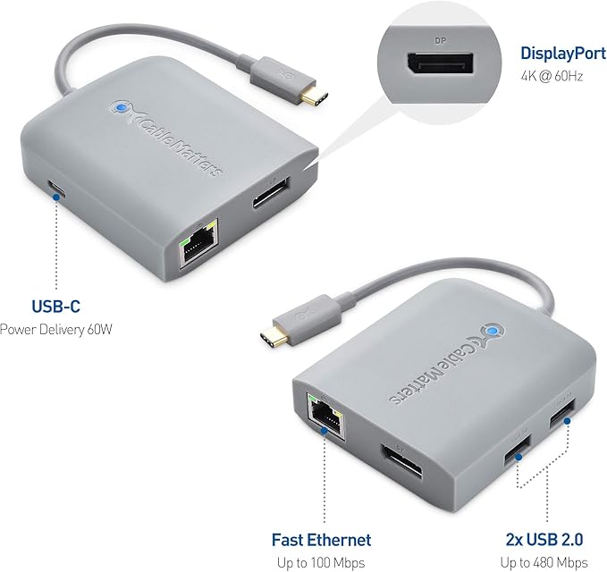 Cable Matters USB C Hub DisplayPort, 4K@60Hz (USBC DisplayPort Hub), 100Mbps Ethernet, 2X USB, 60W Host Charging in Gray - Thunderbolt 4 / Thunderbolt 3 Port Compatible for MacBook Pro