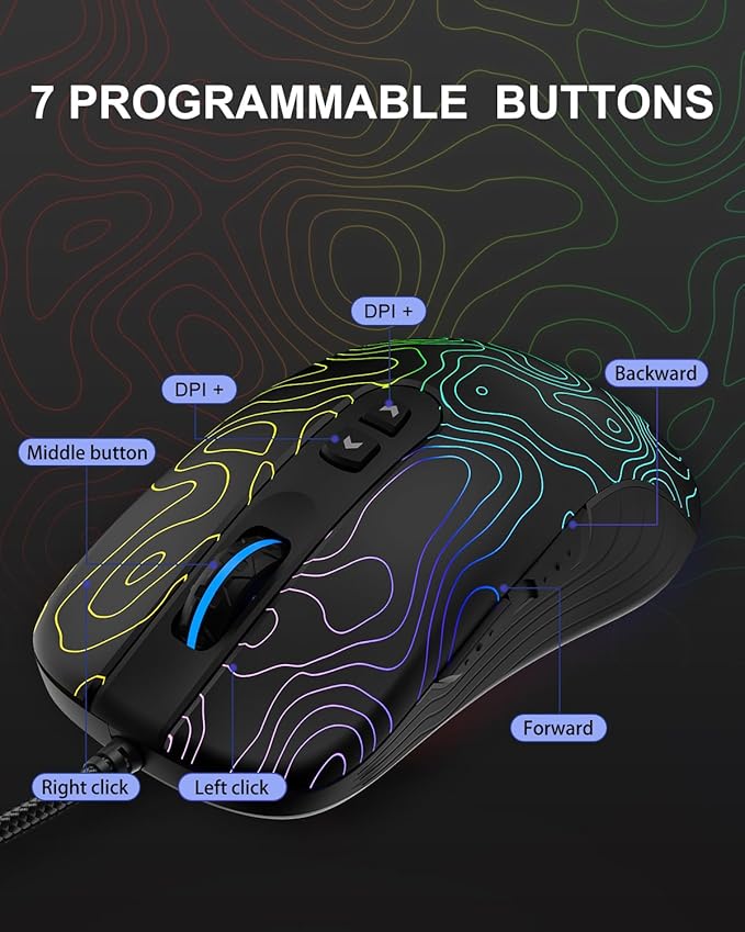 Womier G706 USB Wired Gaming Mouse for PC Computer Windows Mac Laptop, Lightweight Silent RGB Backlit Mouse with Adjustable 12000DPI/7 Programmable Side Buttons,Topographic Theme (Black Topographic)