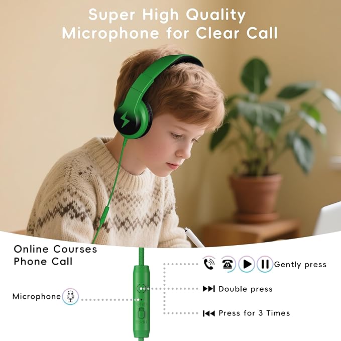 Candy Bila Kids Headphones, Wired Headphones for Kids Over Ear with Microphone, 85/94dB Volume Limiter Headphone for Girls Boys, Foldable Headphone for Learning & Entertainment, Black and Green