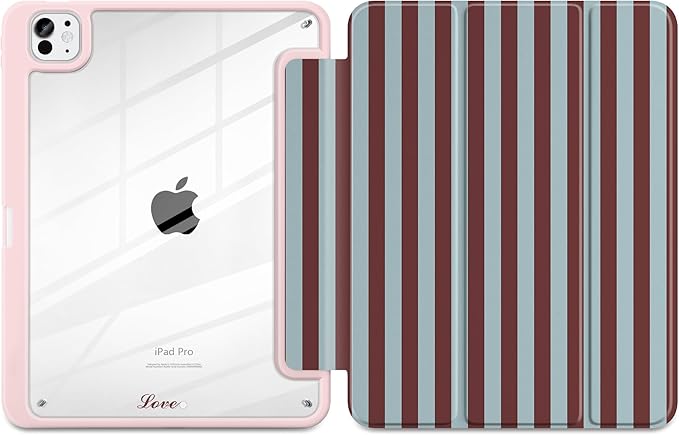 TWOLSKOO Case for iPad Pro 11-inch (M5 2025 / M4 2024), Clear Acrylic Back with TPU Bumper, Pencil Holder, Trifold Stand, Auto Sleep/Wake, Burgundy Stripes