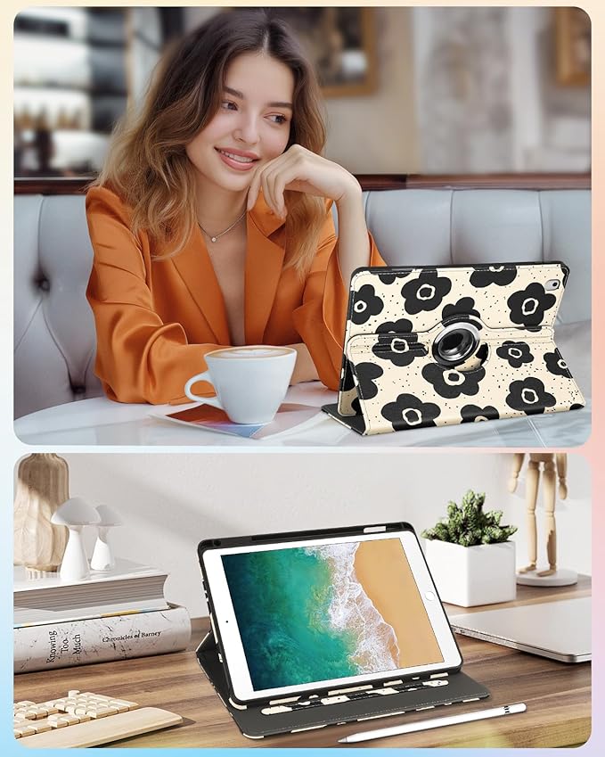 Kidcube for iPad 5th Generation Case 2017/Air 1st 2013/Pro 9.7 Inch Case 2016 - Women Girls Kids Cute Rotating Stand Folio Cover with Pencil Holder & Card Slot Girly Black Flowers Floral Design Cover