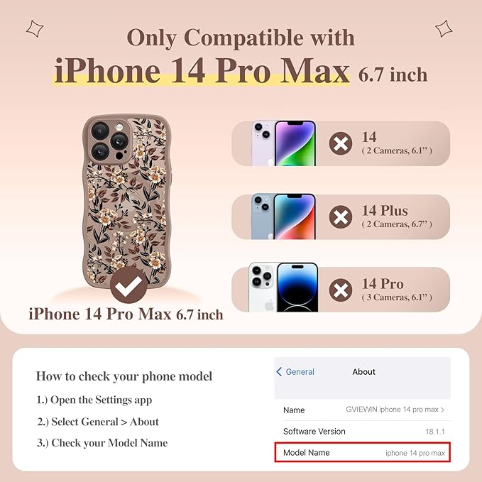 GVIEWIN for iPhone 14 Pro Max Case Compatible with MagSafe [Curly Wave Edge][Full Camera Protection] Floral Translucent Shockproof Magnetic Women Phone Case for 14 Pro Max, Bunchflower/Brown