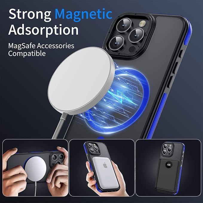 Strong Magnetic for iPhone 16 Pro Max case [10Ft Military-Grade Protection] Compatible with fit MagSafe Shockproof Slim Thin Cover case for iPhone 16 Pro Max 6.9 inch, Bumper Blue