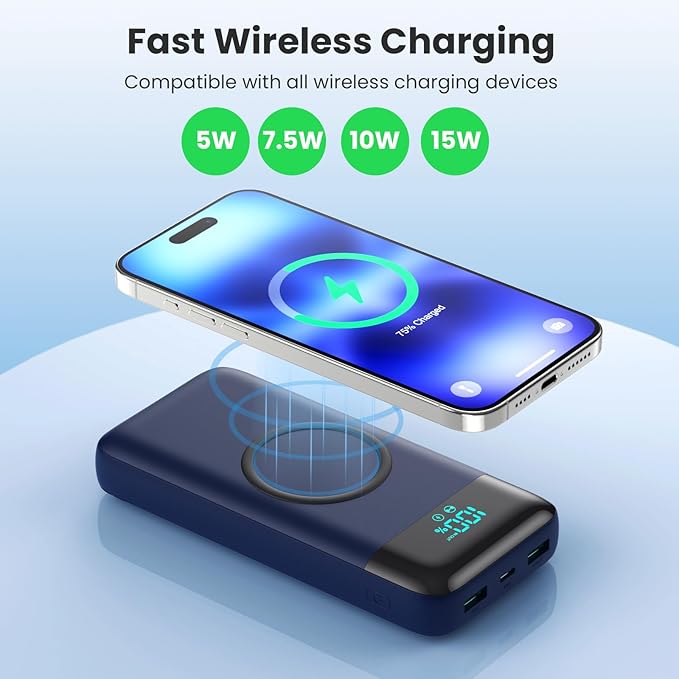 Wireless Portable Charger 40800mAh with 3 Built-in Cables,7-in-1 15W Wireless Charging Power Bank,25W PD QC 4.0 USB C Fast Charging Travel Essential Battery Pack for iPhone 17/16/15/13/12,Android-Blue