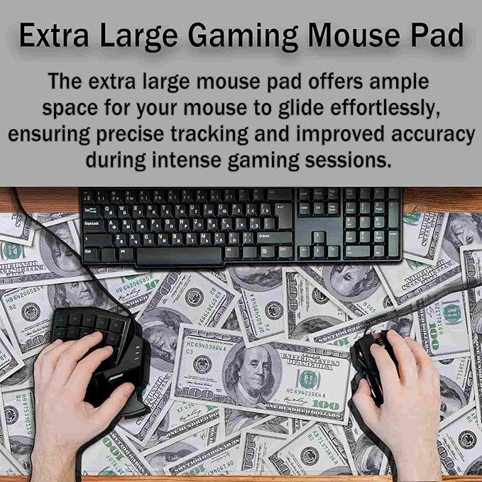 Gaming Desk Mat, Keyboard Mouse Pad Computer Desk Accessories for Men Extra Large Mouse Pads, Table Extender Waterproof Non-Slip Rubber Base, 35.4" X 15.7" for Work/Game Dollars Money Design