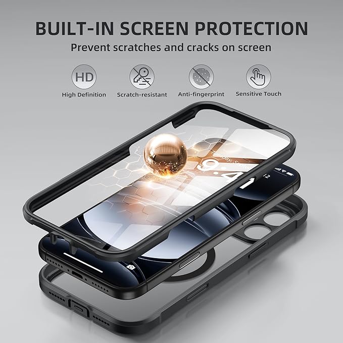 BERFY for iPhone 17 Pro Case, Compatible with MagSafe, Built-in Glass Screen Protector, Camera Protection, Shockproof Full Body Phone case 6.3", Clear Black