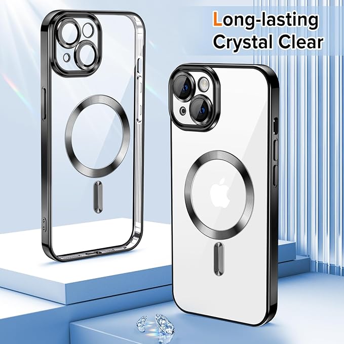 Hython Magnetic Clear for iPhone 13 Case with Camera Lens Protector [Compatible with MagSafe] Luxury Plating Edge Slim Soft TPU Cover Protective Phone Case for iPhone 13 6.1", Black