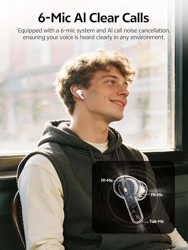 QCY MeloBuds N20 Active Noise Cancelling Wireless Earbuds, 50dB ANC Headphones with 6 Mics ENC Clear Call, 13mm Dynamic Driver, 40H Battery Life, Bluetooth 6.0 (White)