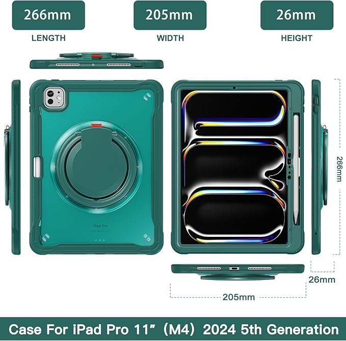 Batianda for iPad Pro 11 inch Case 2025 M5 2024 M4 Chip Lightweight Dual-Layer Protective Tablet Cover, Durable Shock-Absorbing Corners with 360° Rotating Kickstand Ring Built-in Pen Slot, Teal