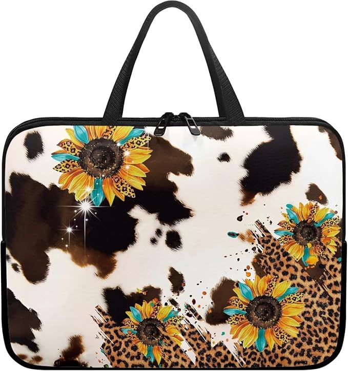 Cow Print Sunflower Laptop Sleeves & Cases, Laptop Tote Bag with Handle, Men Women School Travel Business Computer Carrying Bag for 10" 12" 13" 15" 17 inch Tablet/Notebook/Reader